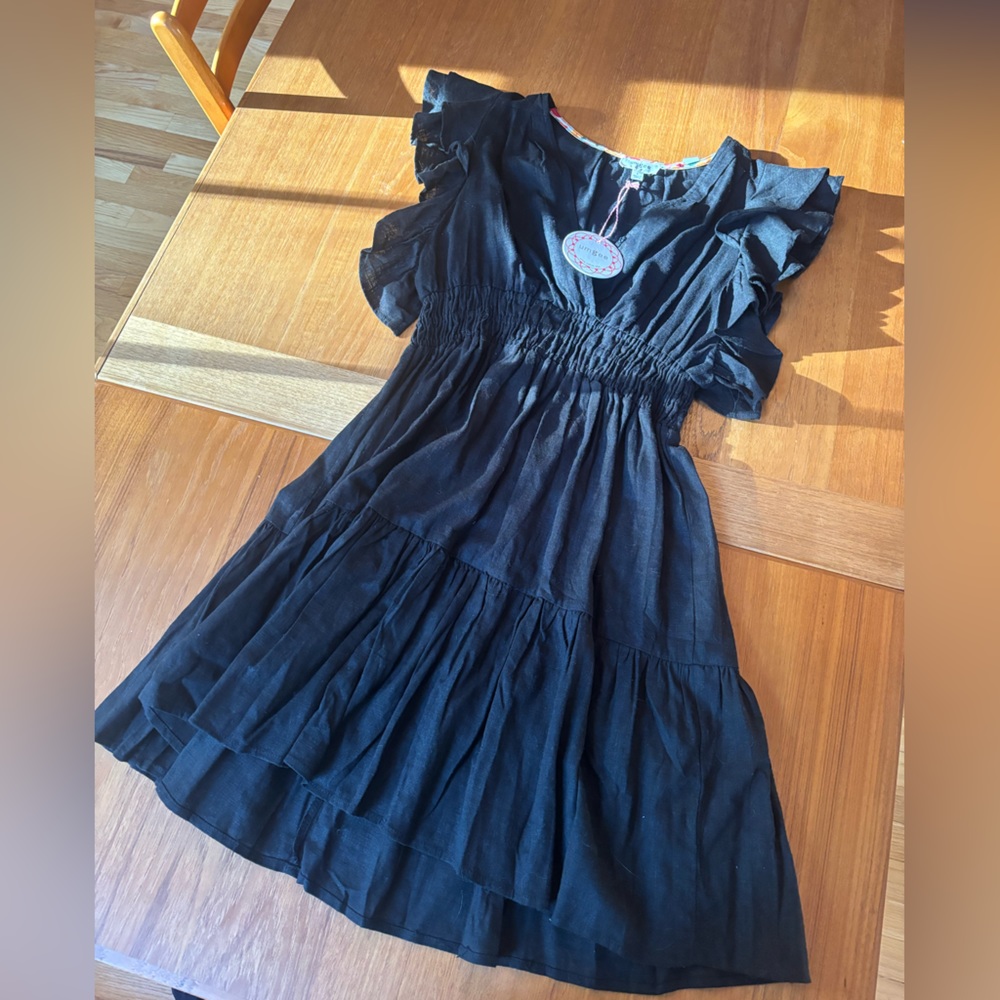 Black linen boho dress- knee length, size Large. NWTO